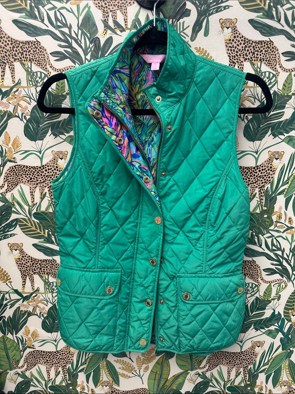Quilted Green Sleeveless Vest with Printed Lining - Lilly Pulitzer